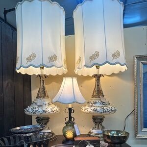 SOLD 2 Vintage Mid Century MCM Glass Marble Brass Regency Lamps With Shade